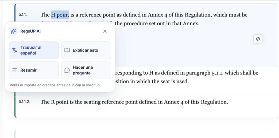 Herramientas de RegsUP AI sobre el texto seleccionado