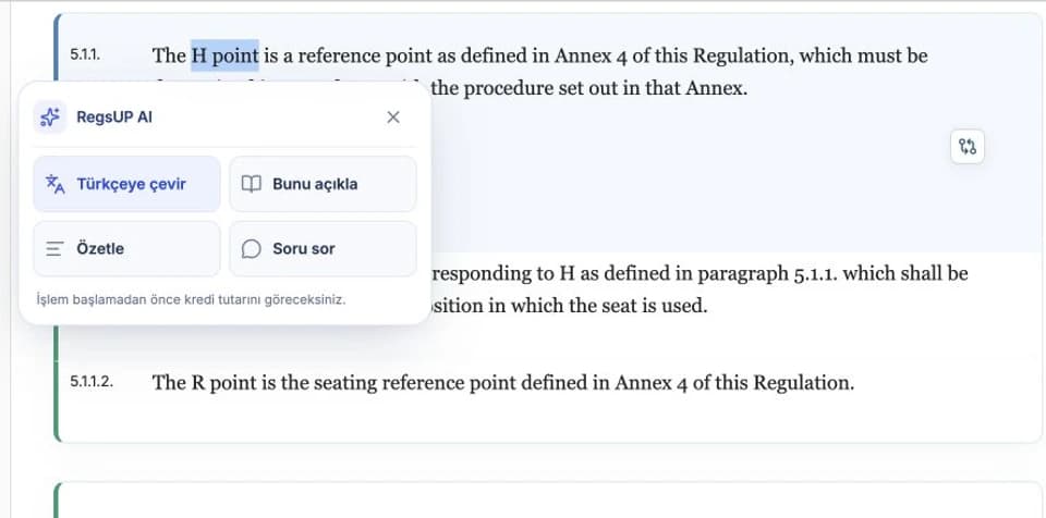 RegsUP AI tools on selected regulatory text