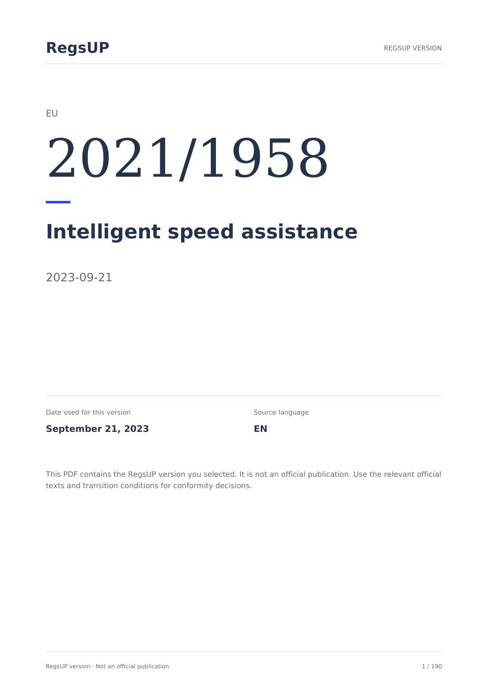 2021/1958/AB — Akıllı hız desteği — RegsUP belge kapağı