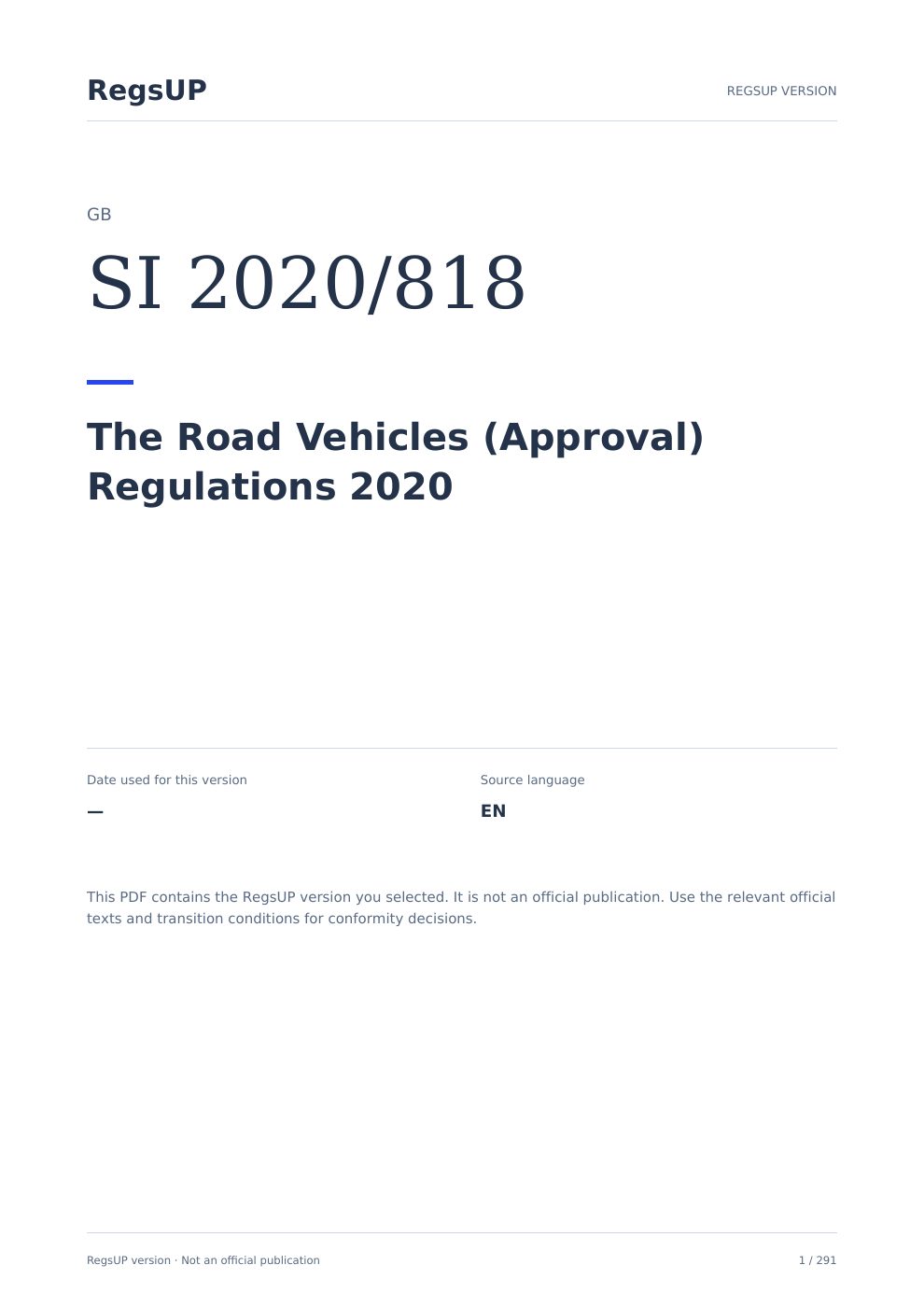 Birleşik Krallık — Road Vehicles (Approval) Regulations 2020 — RegsUP belge kapağı