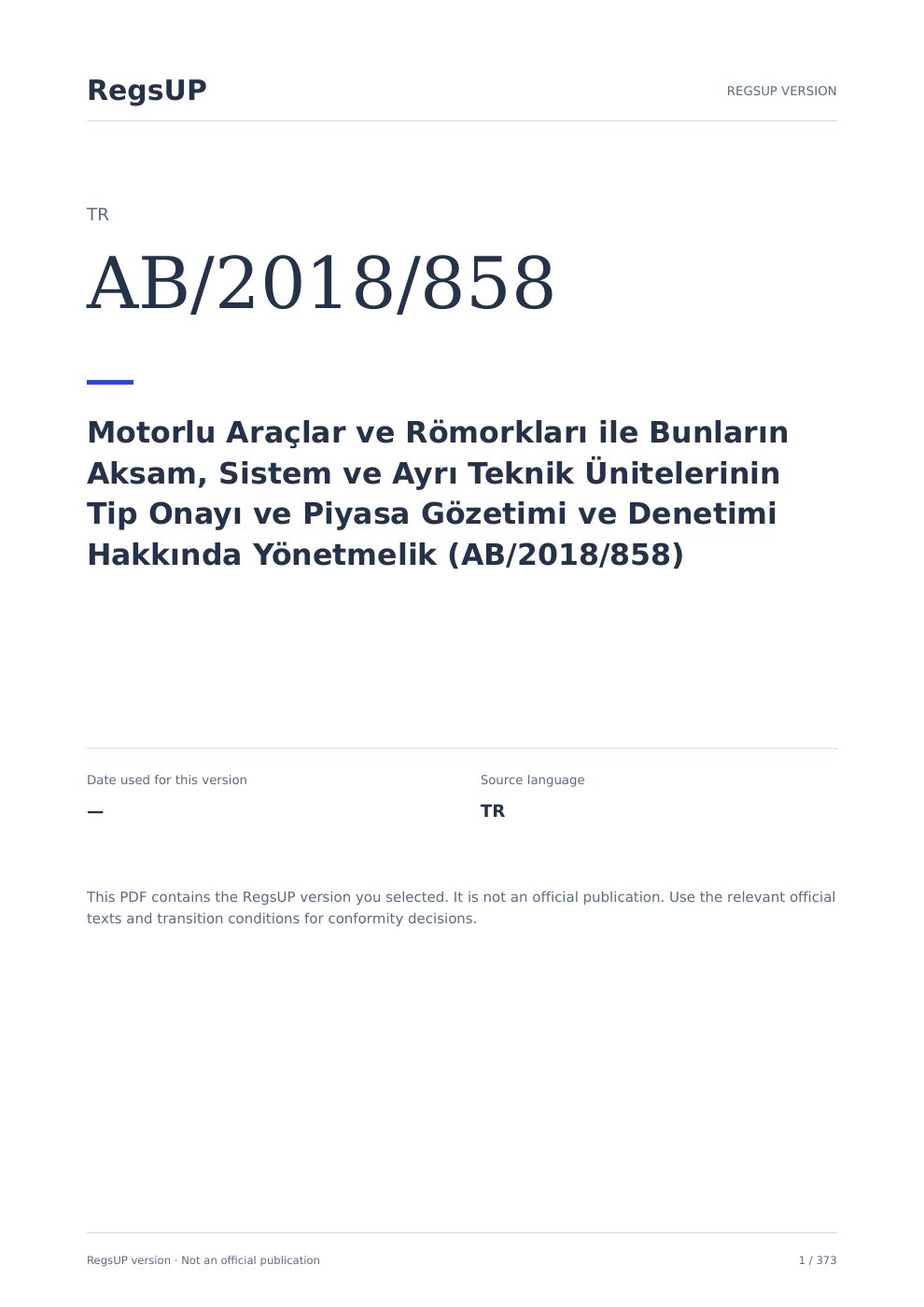 Türkiye AB/2018/858 — Tip onayı ve piyasa gözetimi — RegsUP belge kapağı