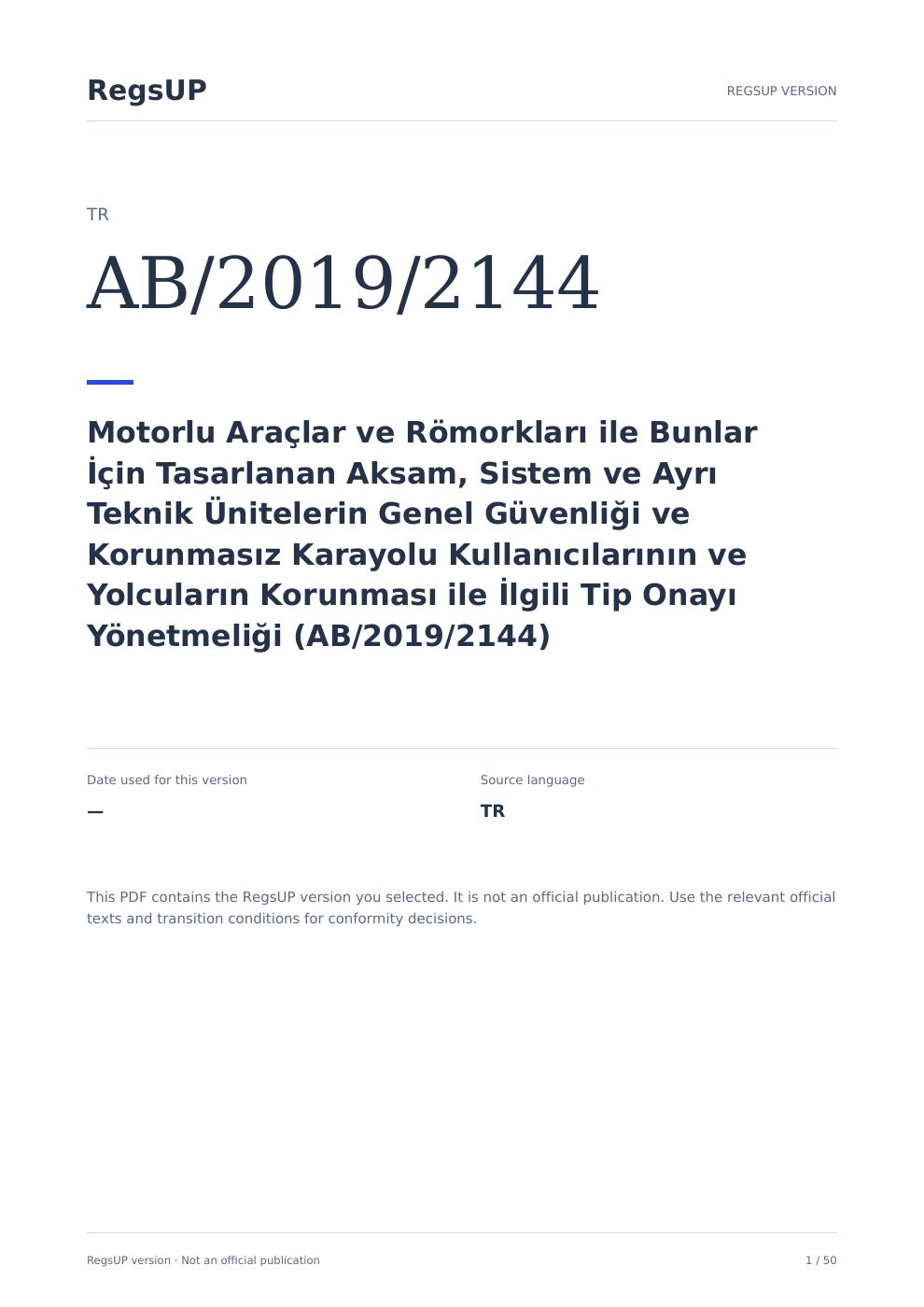 Türkiye AB/2019/2144 — Genel araç güvenliği — RegsUP belge kapağı