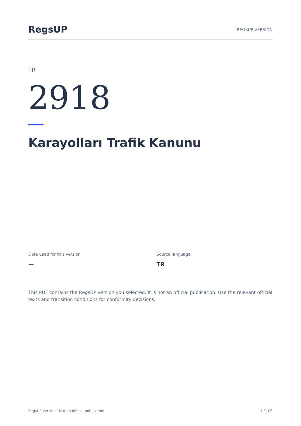 2918 sayılı Karayolları Trafik Kanunu — RegsUP belge kapağı