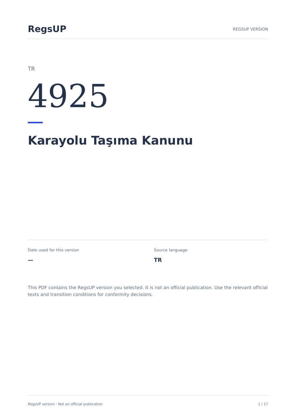 4925 sayılı Karayolu Taşıma Kanunu — RegsUP belge kapağı