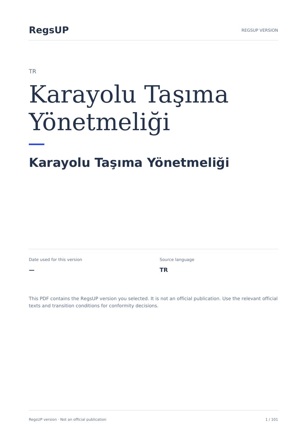Karayolu Taşıma Yönetmeliği — RegsUP belge kapağı