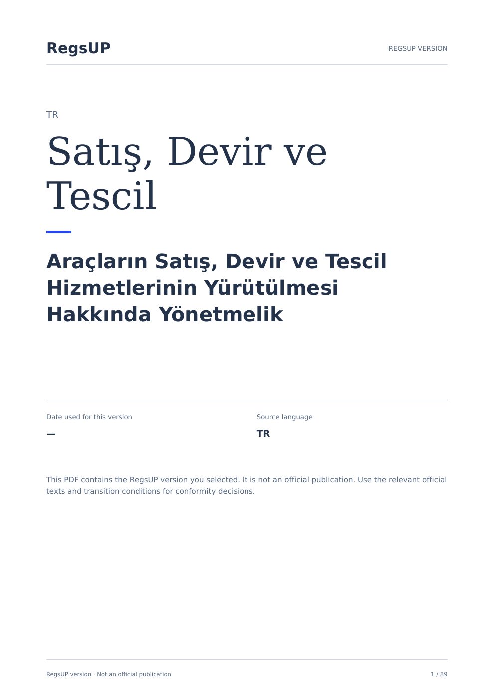 Araç satış, devir ve tescil hizmetleri — RegsUP belge kapağı