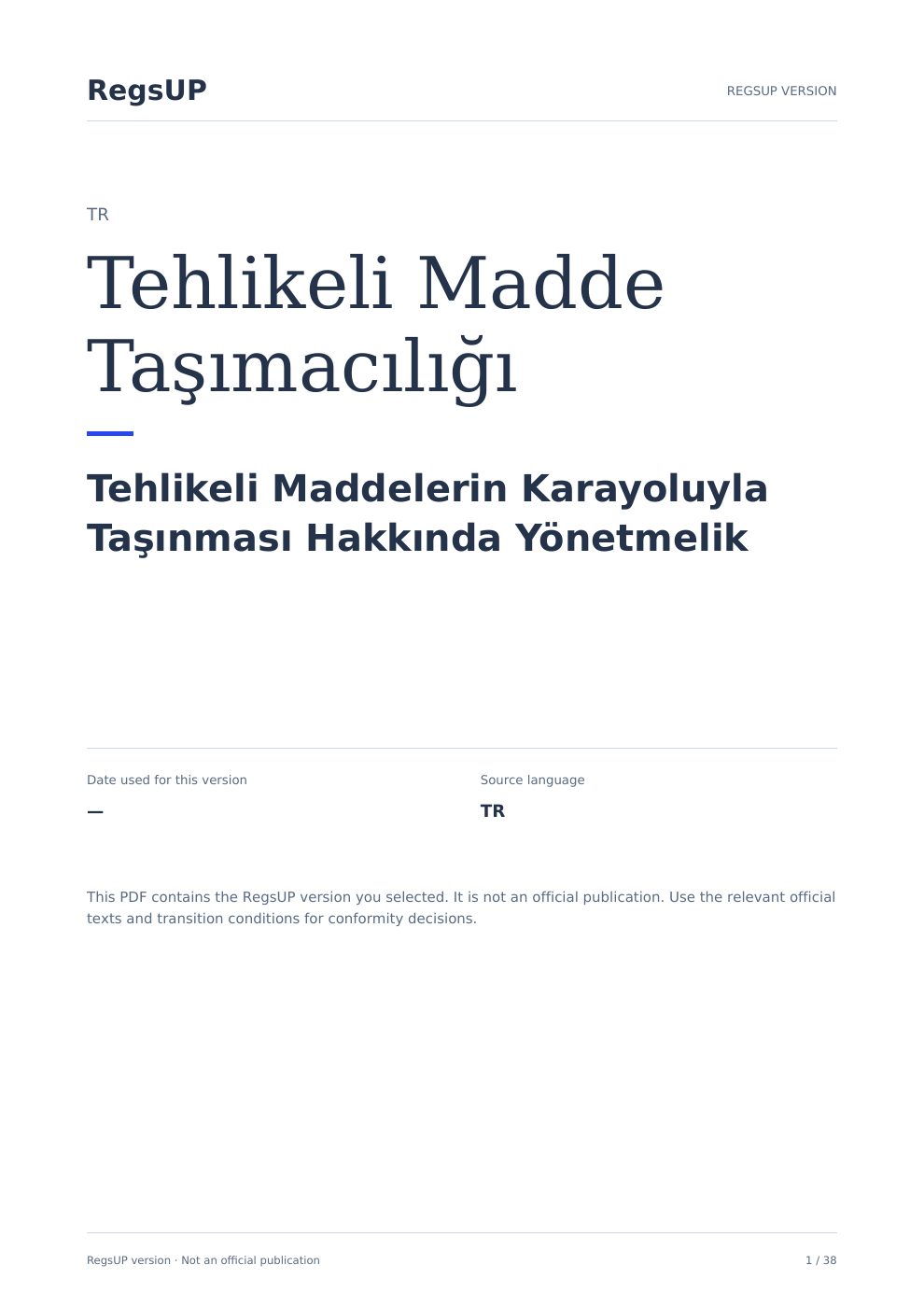 Tehlikeli maddelerin karayoluyla taşınması — RegsUP belge kapağı