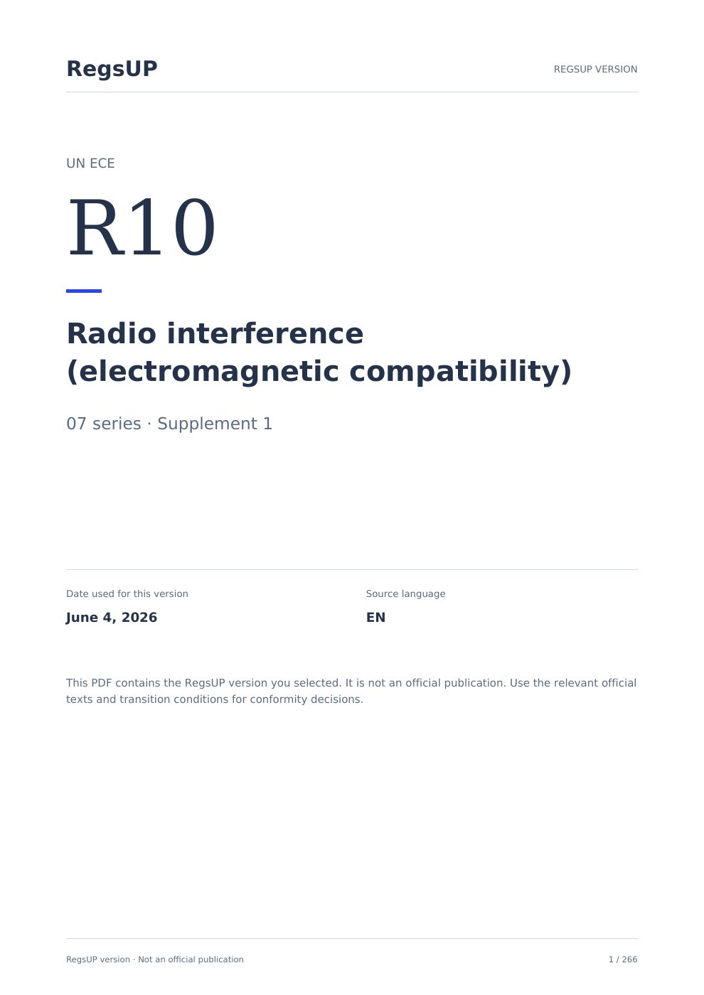 UN R10 — Elektromanyetik uyumluluk — RegsUP belge kapağı