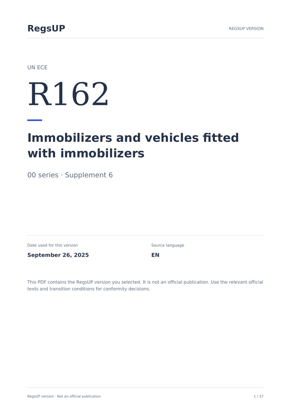 UN R162 — Immobilizer sistemleri — RegsUP belge kapağı