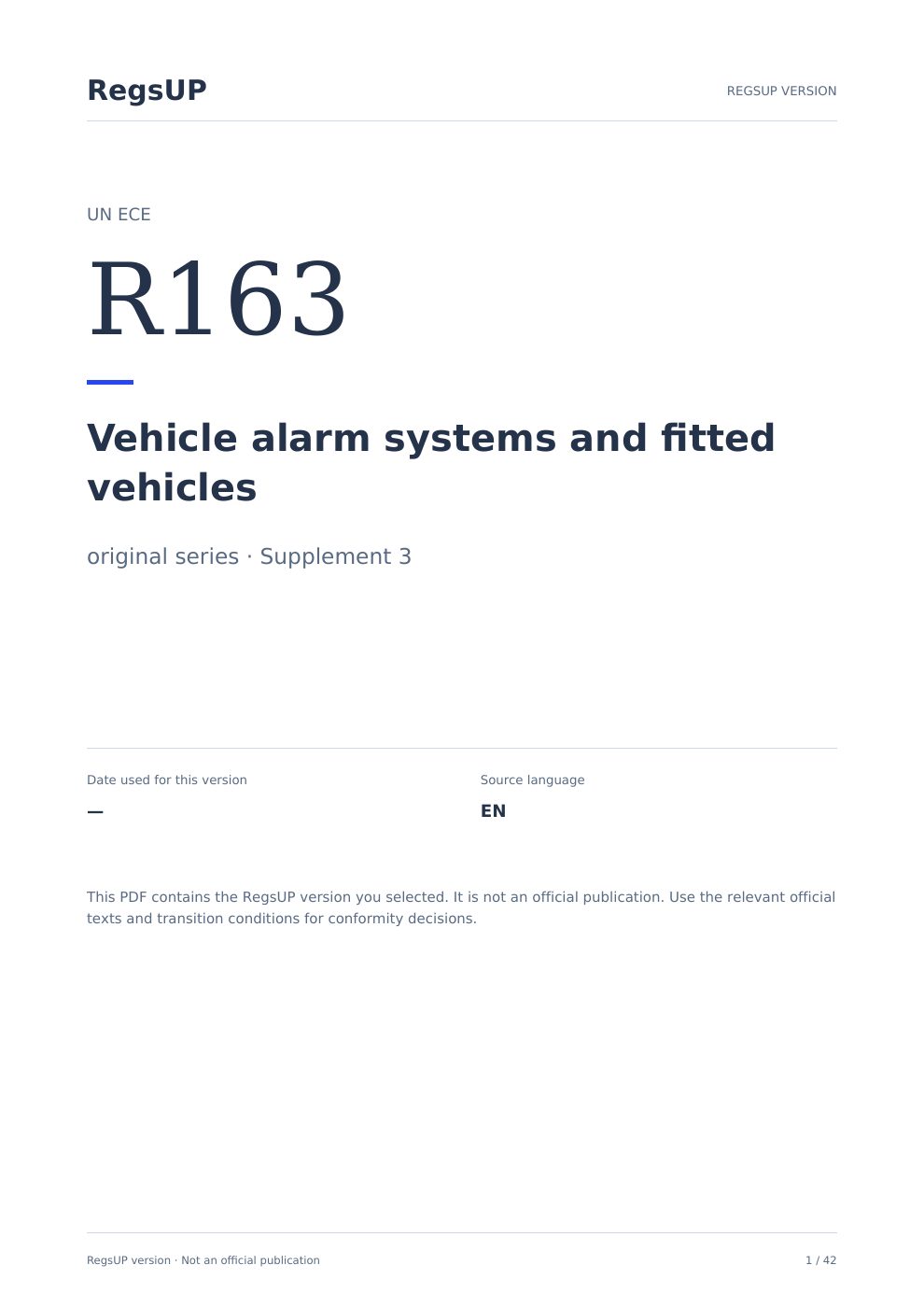 UN R163 — Araç alarm sistemleri — RegsUP belge kapağı