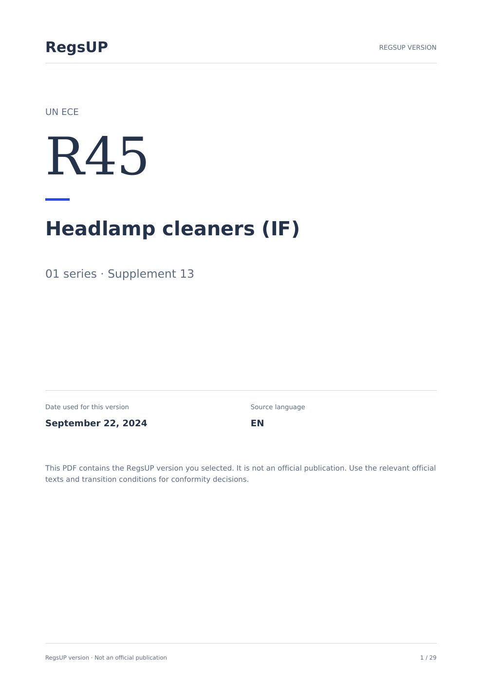 UN R45 — Far temizleyicileri — RegsUP belge kapağı