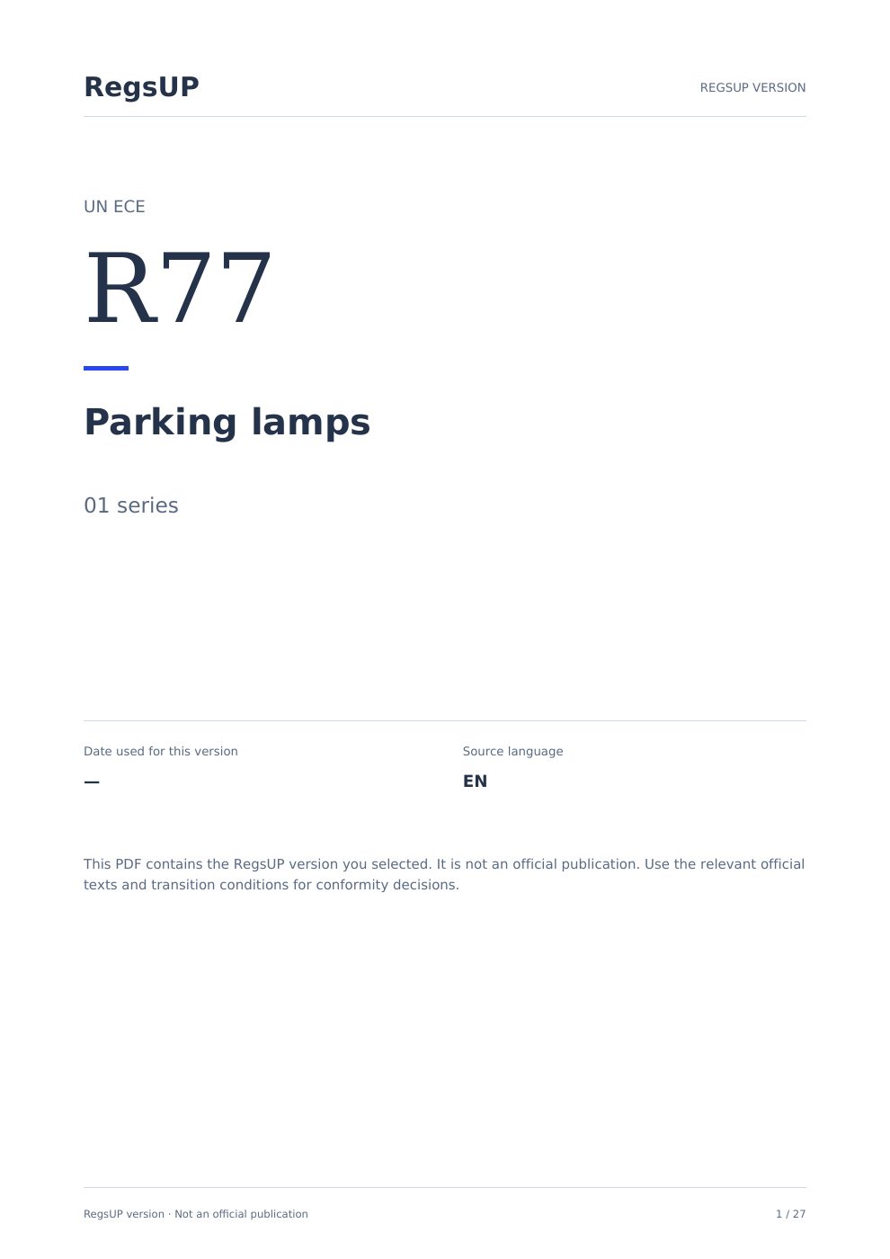 UN R77 — Park lambaları — RegsUP belge kapağı