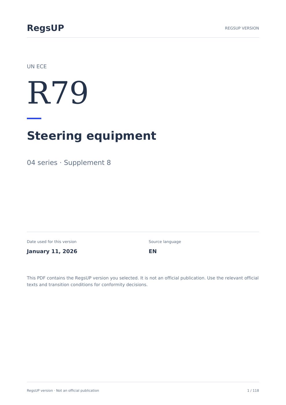 UN R79 — Direksiyon donanımı — RegsUP belge kapağı